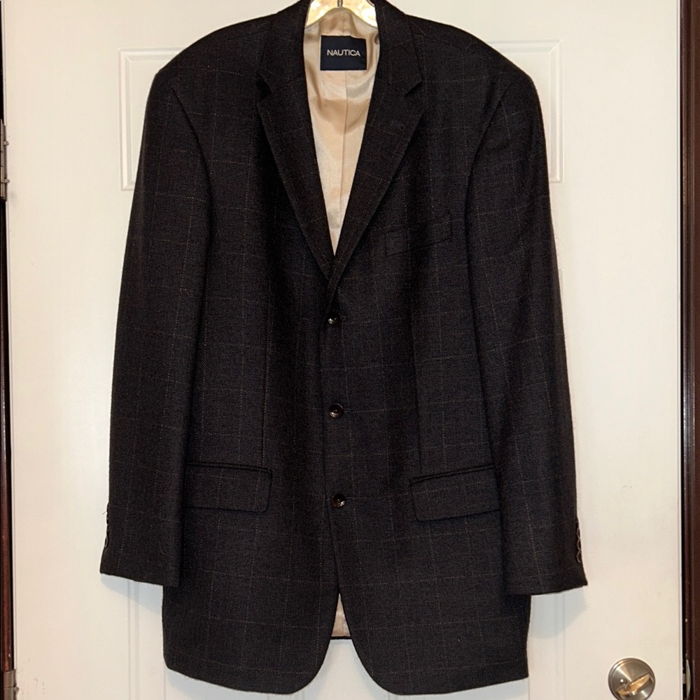Nautica Wool Blazer/Sport Coat 42L Gray Jacket Career Tailored Professional